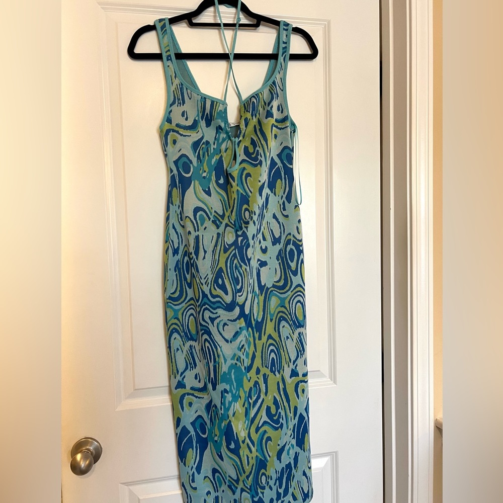 Zara Light Blue Print Cut out Jacquard Midi Size M - Picture 10 of 14